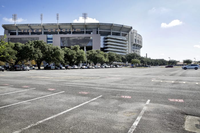A nearly empty Tiger Stadium parking lot sits on LSU game day